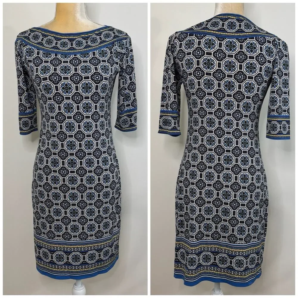 NWT Max Studio Geometric Print Boat Neck Sheath Dress Size S Blue Multi